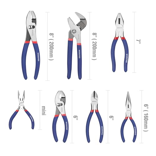 7-piece WORKPRO Pliers Set with Groove Joint. Long Nose. Slip Joint. Linesman. and Diagonal Pliers for DIY & Home Use