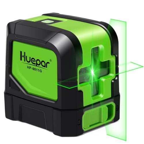 Huepar Laser Level. 100Ft Self Leveling Green Cross Line Laser for Picture Hanging. Tile. Decoration & DIY Construction – 360° Magnetic Base & AA Battery. Indoor Use