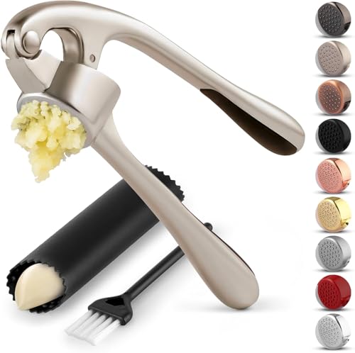 Zulay Kitchen Premium Garlic Press Set - Rust Proof & Dishwasher Safe Professional Garlic Mincer Tool - Easy-Squeeze. Easy-Clean with Soft. Ergonomic Handle - Silicone Garlic Peeler & Brush (Silver)