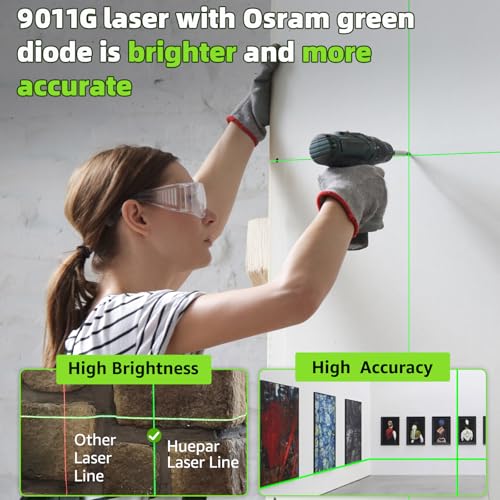 Huepar Laser Level. 100Ft Self Leveling Green Cross Line Laser for Picture Hanging. Tile. Decoration & DIY Construction – 360° Magnetic Base & AA Battery. Indoor Use