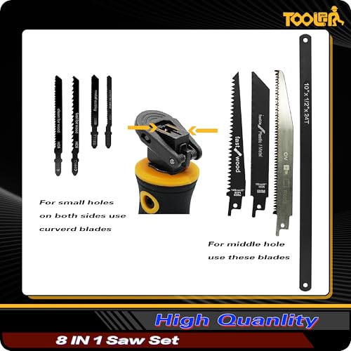 8-In-1 Multi Blades Hand Saw. Drywall Cutter. Hacksaw. Long Blade Hand Saw. Jab Saw. For Cutting Drywall. Sheetrock. Wood. Metel. Plastic. Plywood. Blade Quick Change Mechanism.