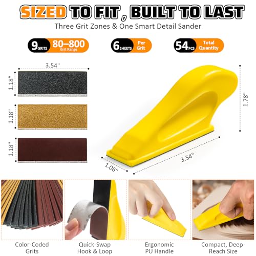 54PCS Premium Micro Sander. Detail & Mini Sander Block – Precision Small Hand Sanding Tool. 80–800 Grit Sandpaper Kit. 3-in-1 Set for Wood. Crafts. Furniture. Tight Spaces & DIY Projects