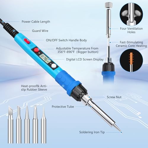 Soldering Iron Kit. 80W 110V LCD Digital Solder Iron Pen with Ceramic Heater. Portable Welding Tools with 5pcs Tips. Stand. Solders Wire. Sponge. Paste. for Metal.Electric Repairs. DIY