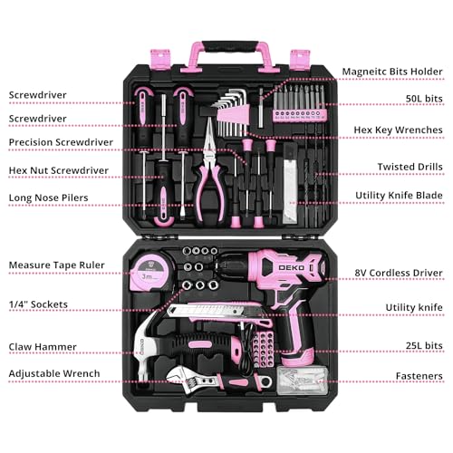 DEKOPRO Drill Set. Home Tool Set with 8V Pink Cordless Drill. Hand Tool Kit for Women. 126 pcs