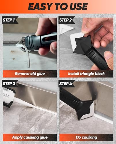 Saker Silicone Caulking Tools-3 in 1 Sealant Finishing Tool Grout Remove Scraper (Stainless Steelhead).Caulk Remover Glass Glue Angle Scraper for Bathroom.Kitchen.Floor.Window.Sink Joint.Frames Seal