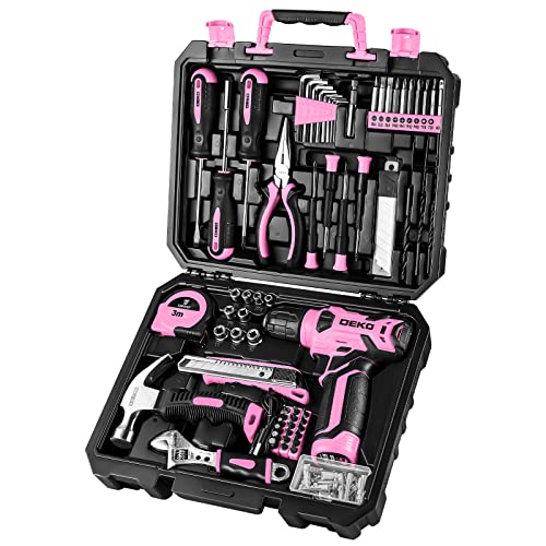 DEKOPRO Drill Set. Home Tool Set with 8V Pink Cordless Drill. Hand Tool Kit for Women. 126 pcs