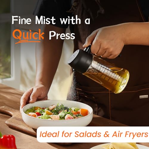 TrendPlain 16oz/470ml Glass Olive Oil Sprayer for Cooking – 2 in 1 Olive Oil Dispenser Bottle for Kitchen Gadgets and Air Fryer Accessories. Salad. BBQ - Black