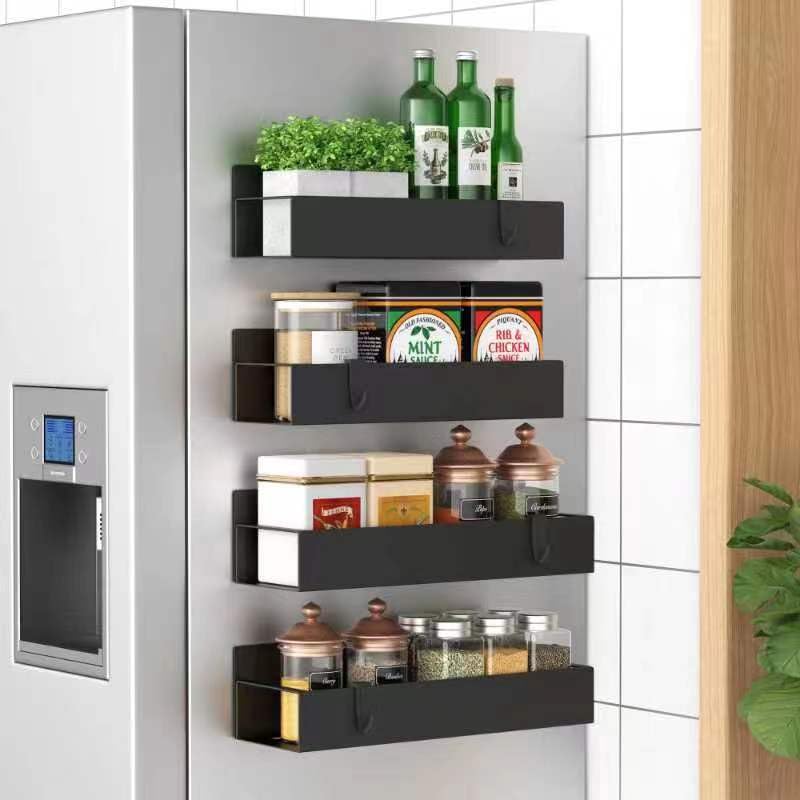 Metal 4 Pack Magnetic Spice Storage Rack Organizer for Refrigerator and Oven. Black Fridge Organizers and Storage
