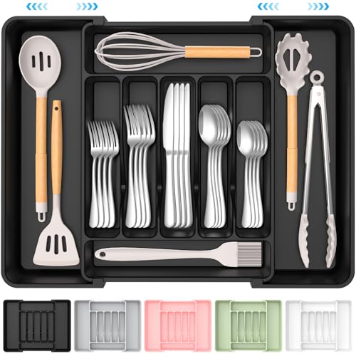 Extra Large Expandable Silverware Organizer. BPA-Free Food-Safe Cutlery Flatware Organizer. Kitchen Utensil Drawer Organizer. Adjustable Silverware Holder for Spoons Forks Knives. Black