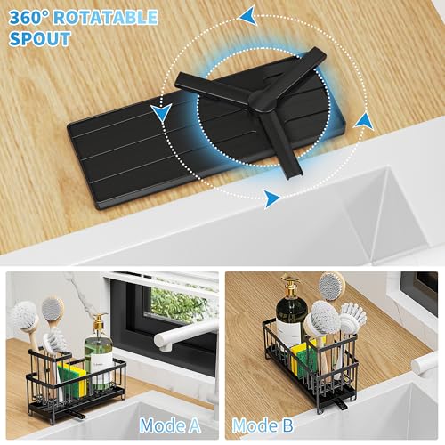 Cisily Black Sponge Holder for Kitchen Sink. Sink Caddy Organizer with High Brush Holder. Kitchen Countertop Organizers and Storage Essentials. Rustproof 304 Stainless Steel. Soap Dispenser Organize