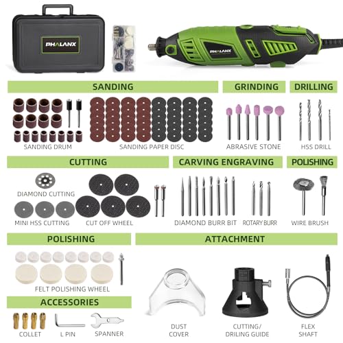 180W Rotary Tool Kit. 1.5-Amp PHALANX 6 Variable Speed with Flex Shaft. 8000-32000RPM Multi-Tool& 139pcs Accessories Kit. Power Multiuse Set Prefect for Crafting Projects and DIY Creationsâ€¦