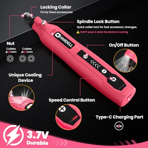 HARDELL Mini Cordless Rotary Tool. 5-Speed 3.7V Rechargeable Rotary Tool Kit with 69 Accessories. USB Charging Multi-Purpose DIY Tool for Sanding. Polishing. Drilling. Engraving(Pink 69pcs)