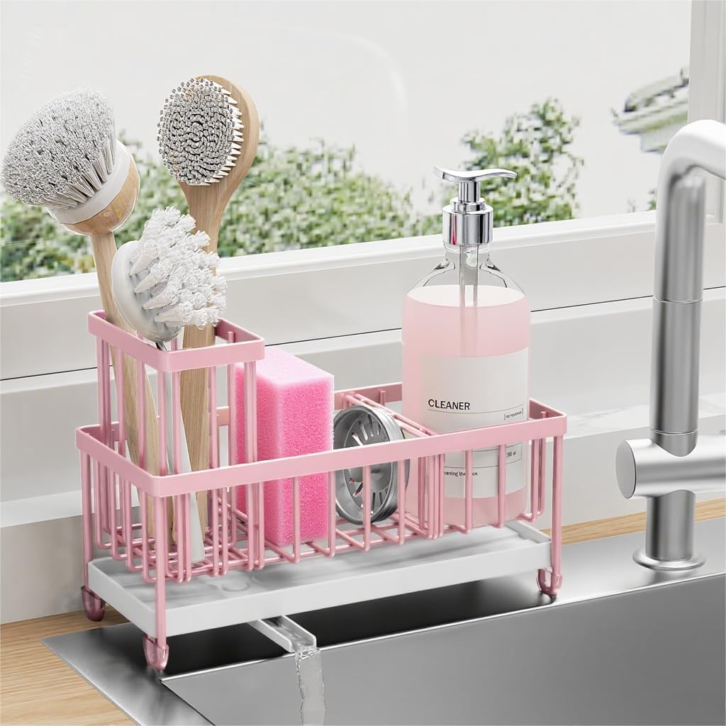 Cisily Black Sponge Holder for Kitchen Sink. Sink Caddy Organizer with High Brush Holder. Kitchen Countertop Organizers and Storage Essentials. Rustproof 304 Stainless Steel. Soap Dispenser Organize