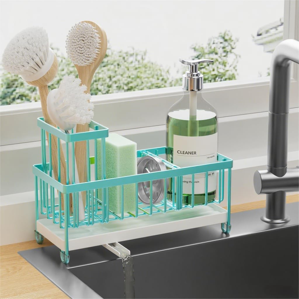 Cisily Black Sponge Holder for Kitchen Sink. Sink Caddy Organizer with High Brush Holder. Kitchen Countertop Organizers and Storage Essentials. Rustproof 304 Stainless Steel. Soap Dispenser Organize