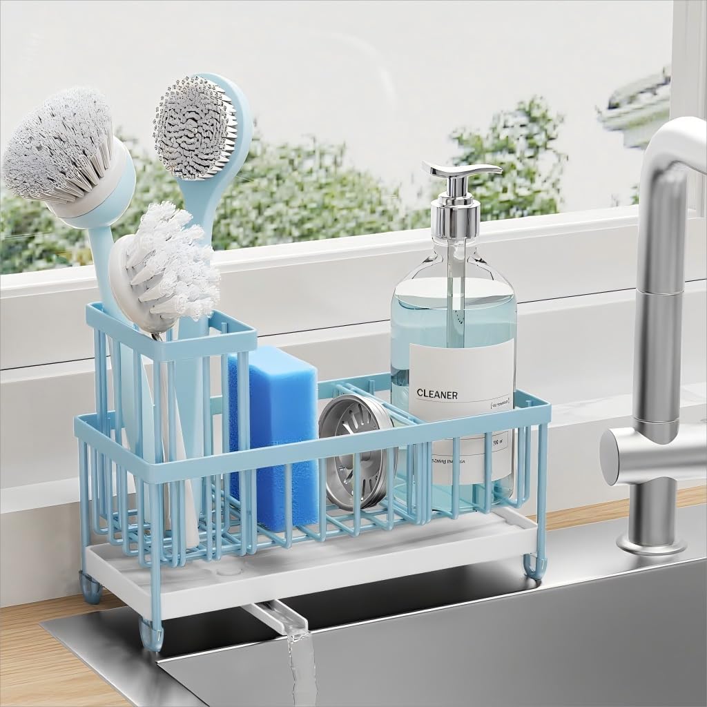 Cisily Black Sponge Holder for Kitchen Sink. Sink Caddy Organizer with High Brush Holder. Kitchen Countertop Organizers and Storage Essentials. Rustproof 304 Stainless Steel. Soap Dispenser Organize