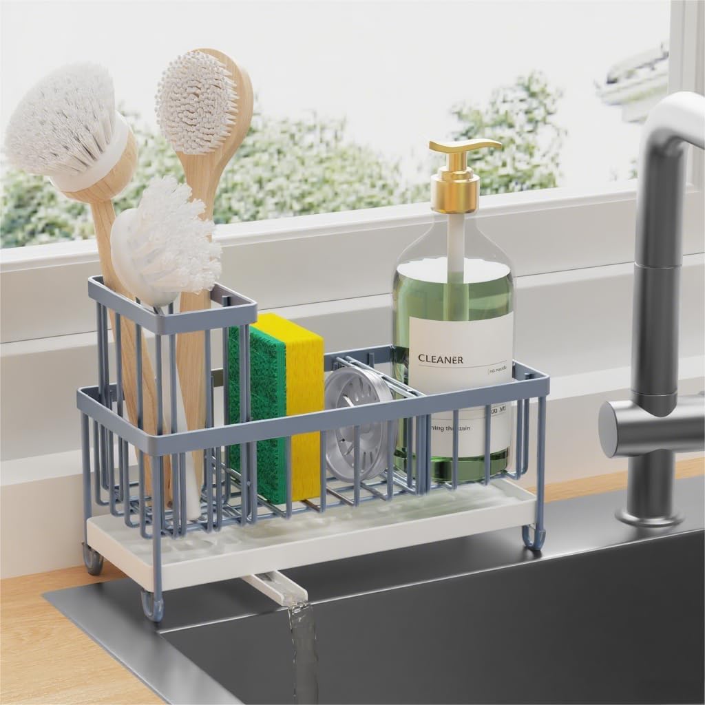 Cisily Black Sponge Holder for Kitchen Sink. Sink Caddy Organizer with High Brush Holder. Kitchen Countertop Organizers and Storage Essentials. Rustproof 304 Stainless Steel. Soap Dispenser Organize