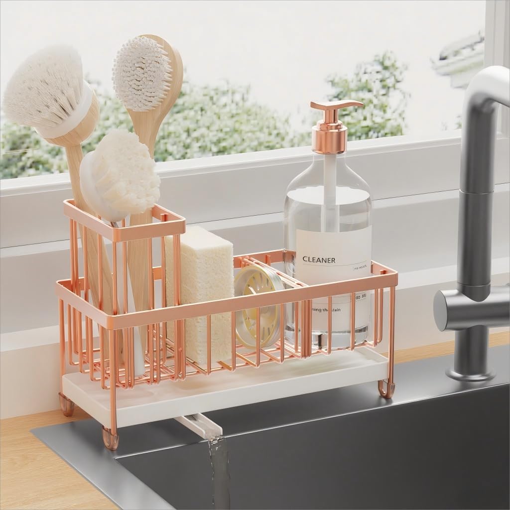 Cisily Black Sponge Holder for Kitchen Sink. Sink Caddy Organizer with High Brush Holder. Kitchen Countertop Organizers and Storage Essentials. Rustproof 304 Stainless Steel. Soap Dispenser Organize