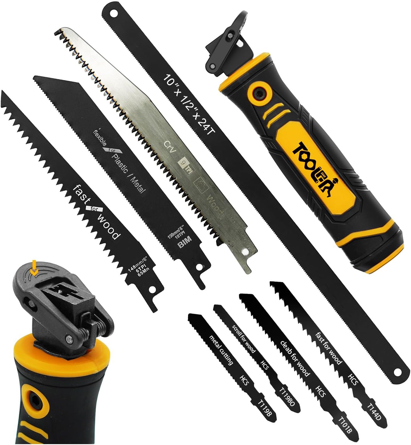 8-In-1 Multi Blades Hand Saw. Drywall Cutter. Hacksaw. Long Blade Hand Saw. Jab Saw. For Cutting Drywall. Sheetrock. Wood. Metel. Plastic. Plywood. Blade Quick Change Mechanism.