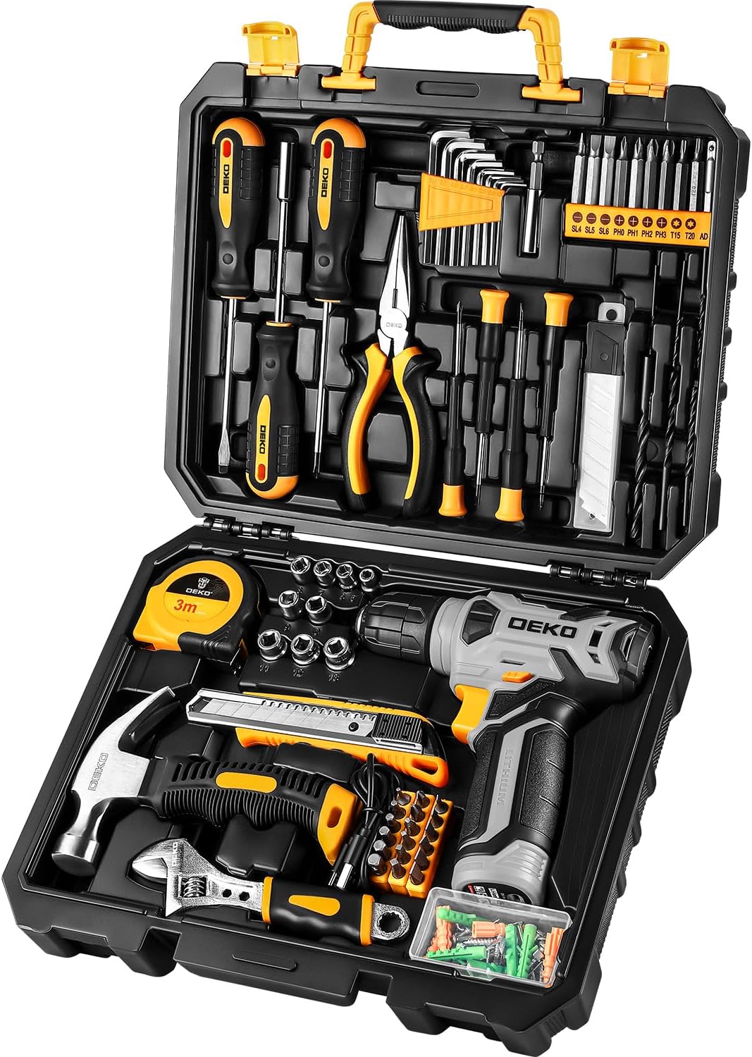 DEKOPRO Drill Set. Home Tool Set with 8V Pink Cordless Drill. Hand Tool Kit for Women. 126 pcs