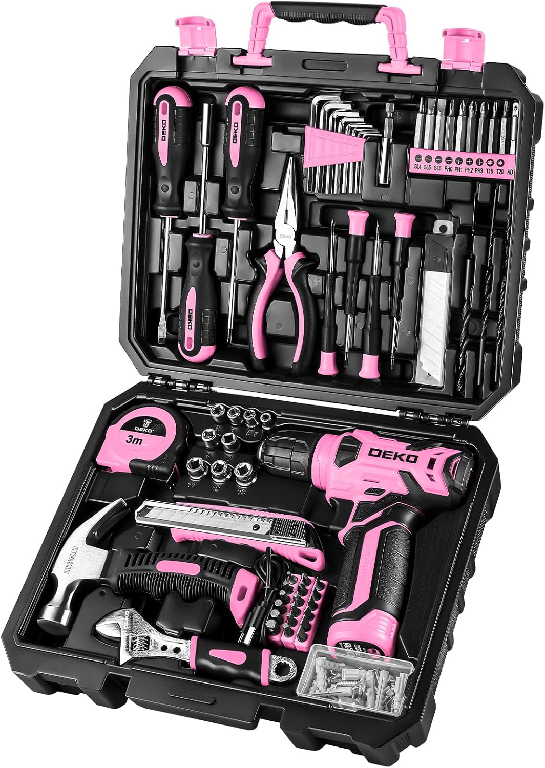 DEKOPRO Drill Set. Home Tool Set with 8V Pink Cordless Drill. Hand Tool Kit for Women. 126 pcs