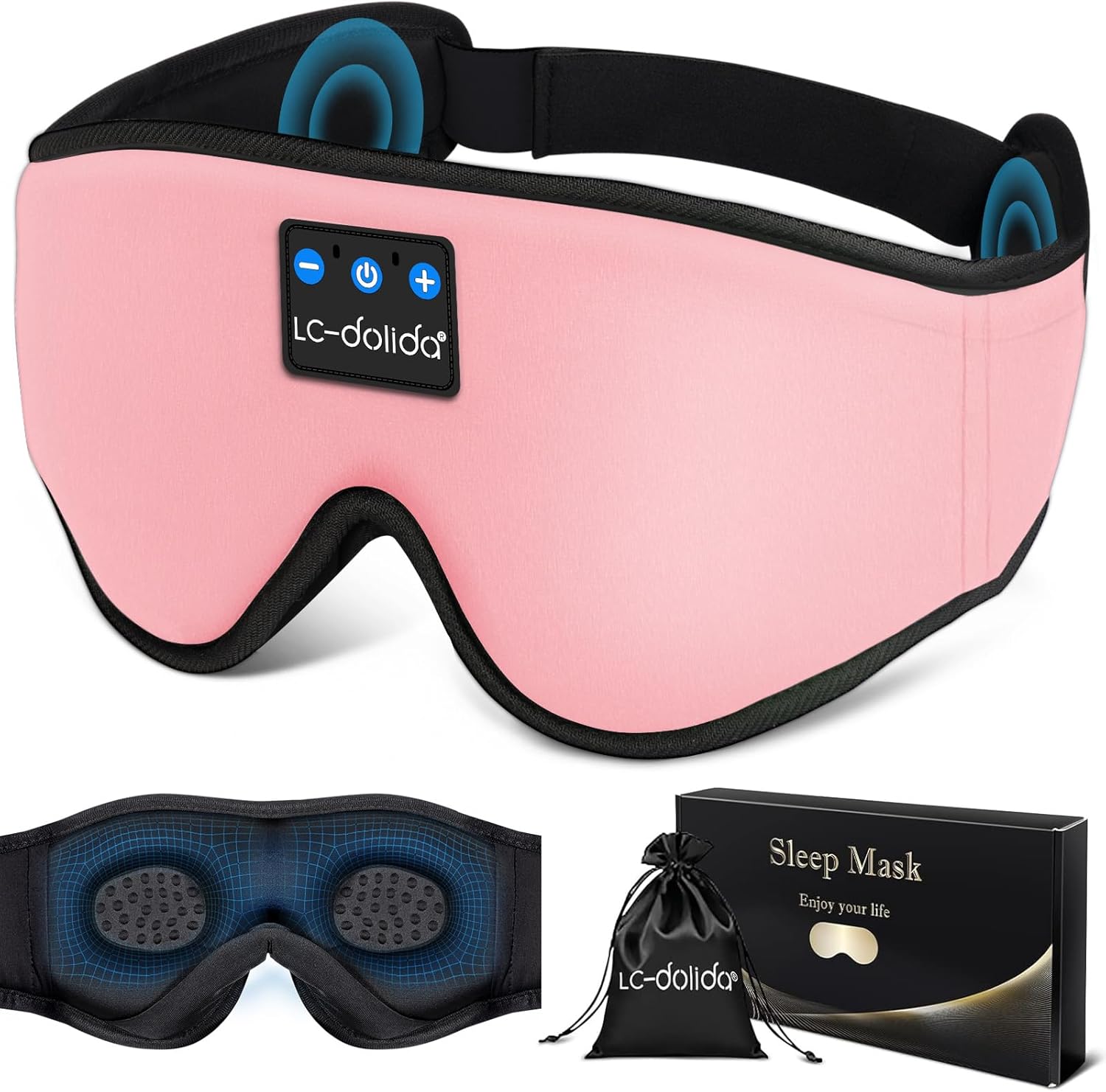 LC-dolida Sleep Headphones. 3D Sleep Mask Bluetooth Wireless Music Eye Mask. Sleeping Headphones for Side Sleepers Sleep Mask with Bluetooth Headphones Ultra-Thin Stereo Speakers Perfect for Sleeping
