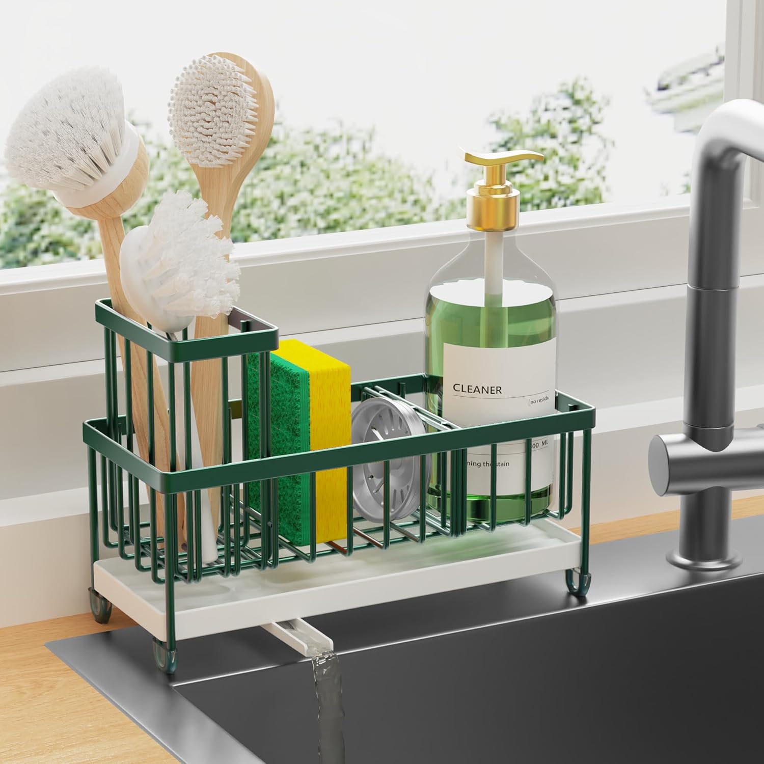 Cisily Black Sponge Holder for Kitchen Sink. Sink Caddy Organizer with High Brush Holder. Kitchen Countertop Organizers and Storage Essentials. Rustproof 304 Stainless Steel. Soap Dispenser Organize