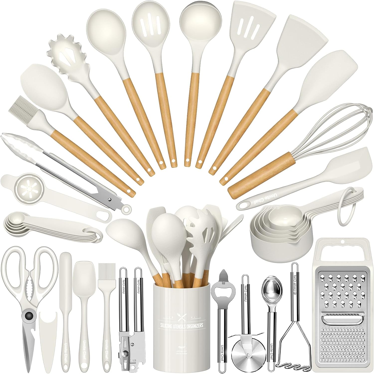 Umite Chef Silicone Kitchen Utensil Set. 34PCS Heat Resistant Kitchen Gadgets and Tools With Grater. Wood Handles for Nonstick Cookware