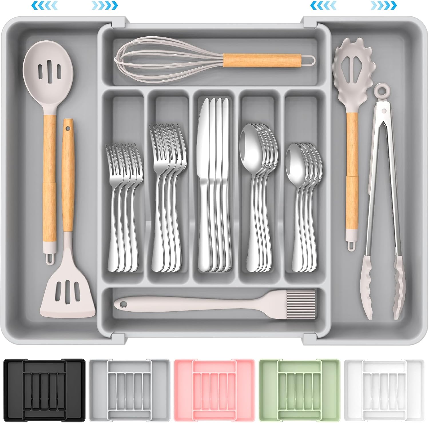 Extra Large Expandable Silverware Organizer. BPA-Free Food-Safe Cutlery Flatware Organizer. Kitchen Utensil Drawer Organizer. Adjustable Silverware Holder for Spoons Forks Knives. Black