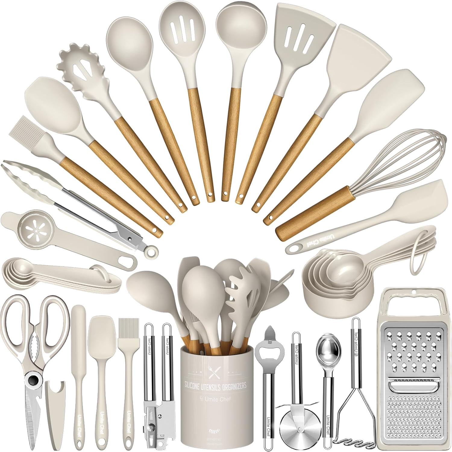 Umite Chef Silicone Kitchen Utensil Set. 34PCS Heat Resistant Kitchen Gadgets and Tools With Grater. Wood Handles for Nonstick Cookware