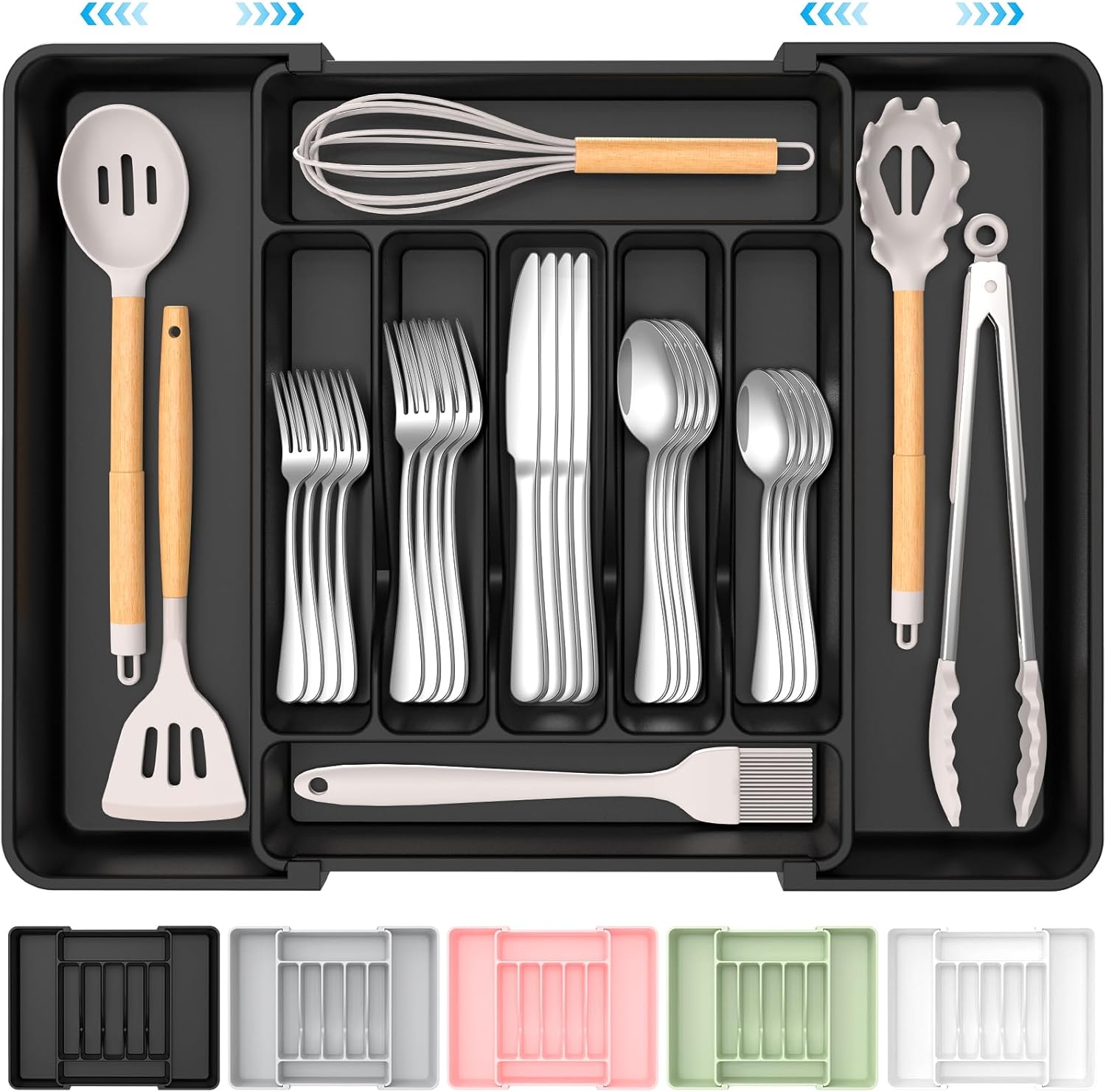Extra Large Expandable Silverware Organizer. BPA-Free Food-Safe Cutlery Flatware Organizer. Kitchen Utensil Drawer Organizer. Adjustable Silverware Holder for Spoons Forks Knives. Black