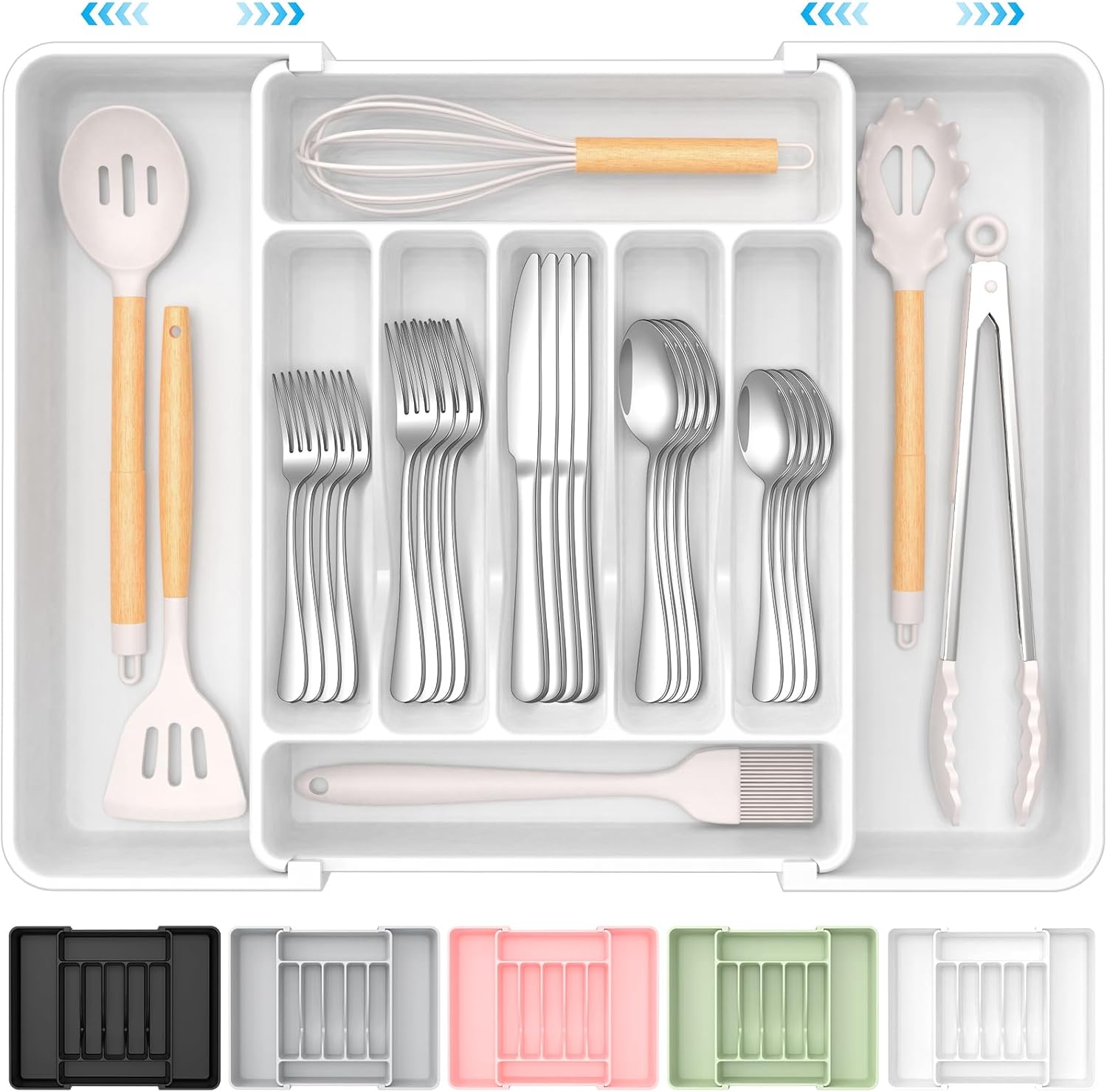 Extra Large Expandable Silverware Organizer. BPA-Free Food-Safe Cutlery Flatware Organizer. Kitchen Utensil Drawer Organizer. Adjustable Silverware Holder for Spoons Forks Knives. Black