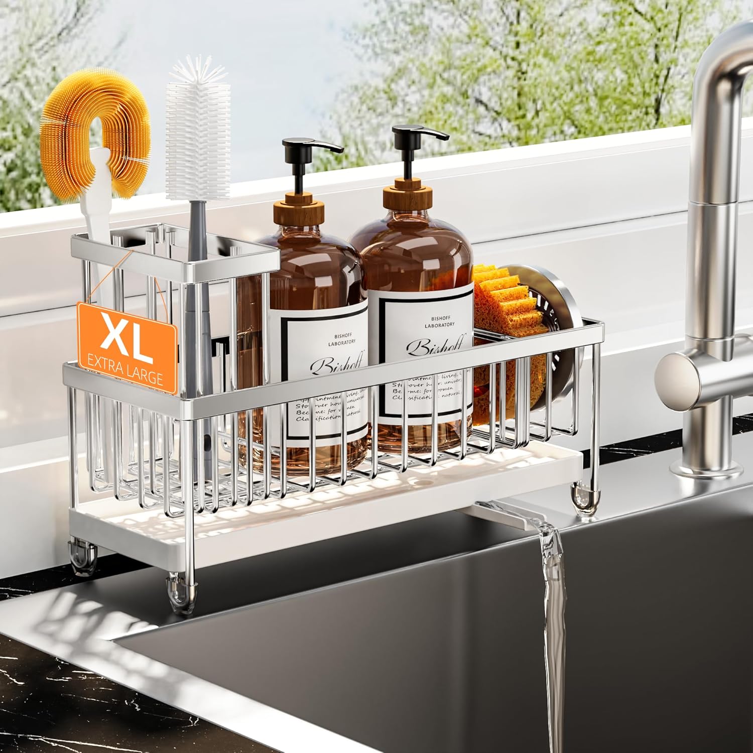 Cisily Black Sponge Holder for Kitchen Sink. Sink Caddy Organizer with High Brush Holder. Kitchen Countertop Organizers and Storage Essentials. Rustproof 304 Stainless Steel. Soap Dispenser Organize