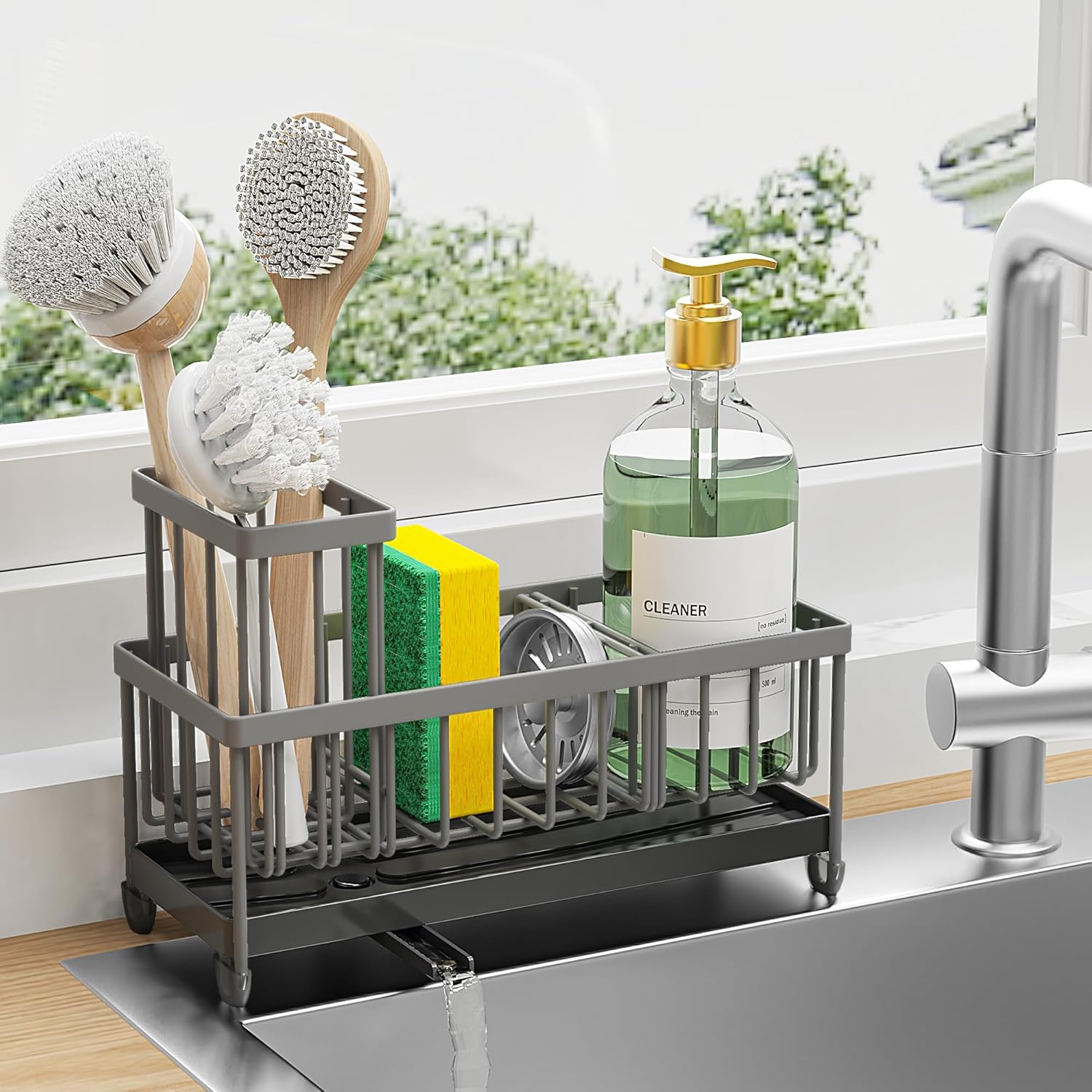 Cisily Black Sponge Holder for Kitchen Sink. Sink Caddy Organizer with High Brush Holder. Kitchen Countertop Organizers and Storage Essentials. Rustproof 304 Stainless Steel. Soap Dispenser Organize