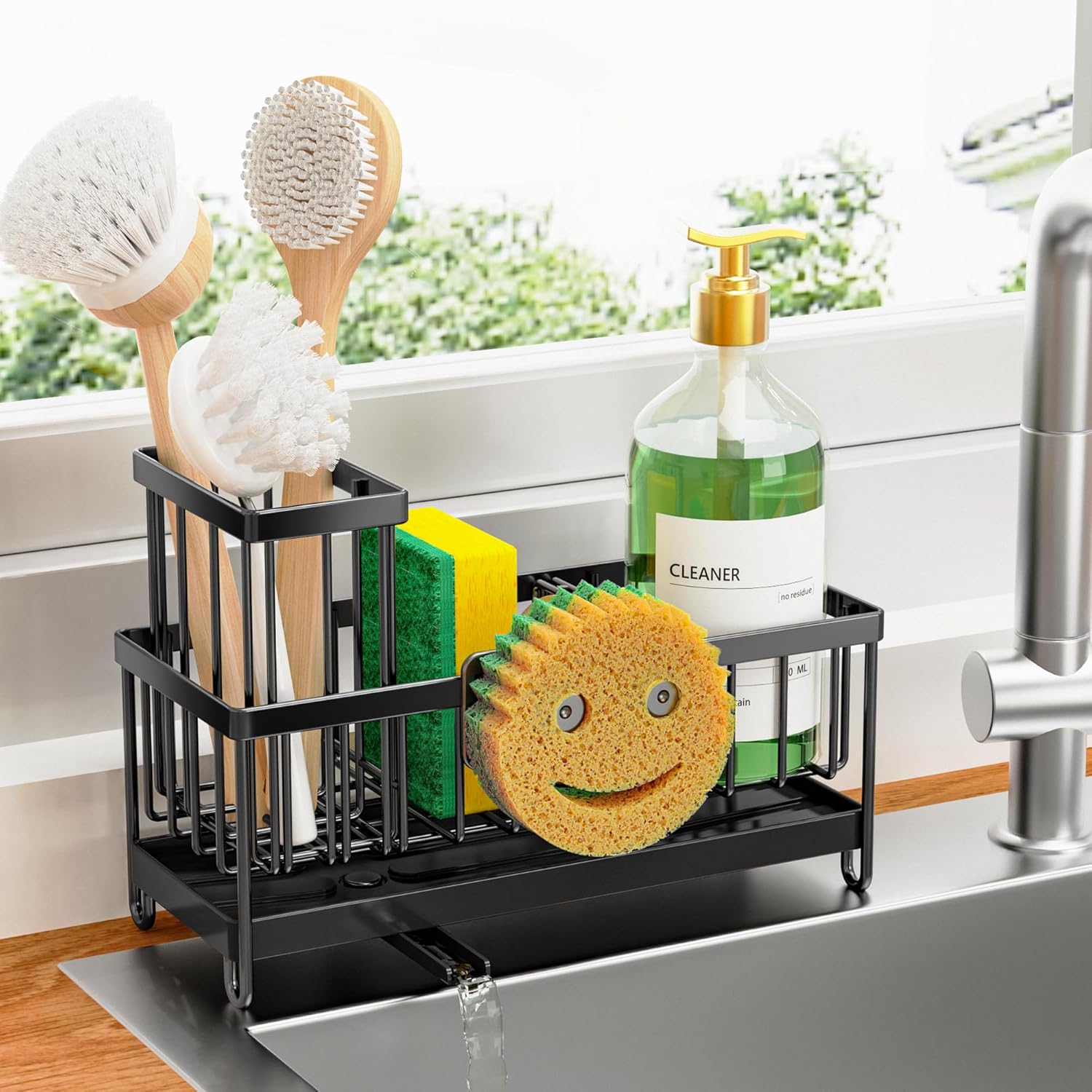 Cisily Black Sponge Holder for Kitchen Sink. Sink Caddy Organizer with High Brush Holder. Kitchen Countertop Organizers and Storage Essentials. Rustproof 304 Stainless Steel. Soap Dispenser Organize