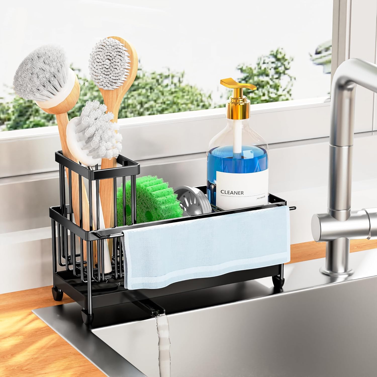 Cisily Black Sponge Holder for Kitchen Sink. Sink Caddy Organizer with High Brush Holder. Kitchen Countertop Organizers and Storage Essentials. Rustproof 304 Stainless Steel. Soap Dispenser Organize
