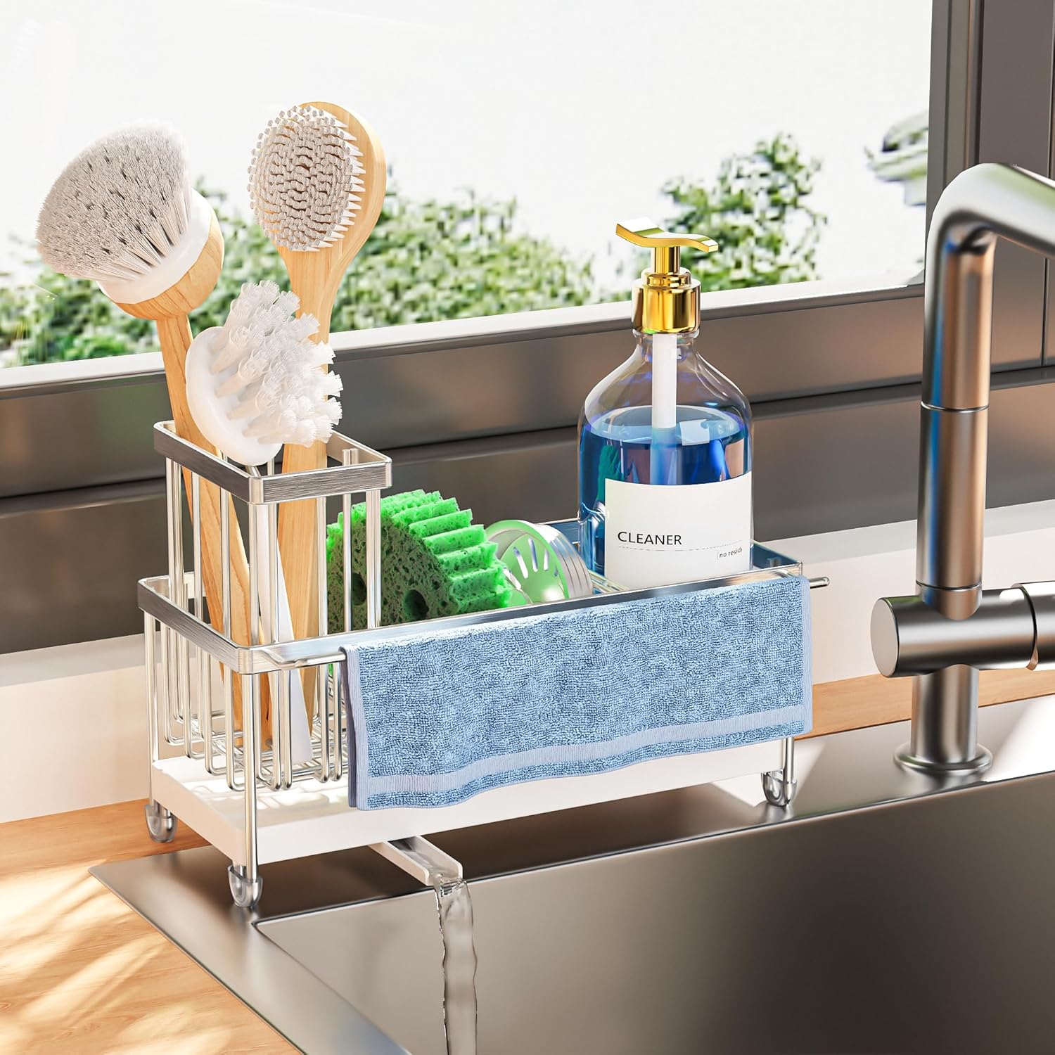 Cisily Black Sponge Holder for Kitchen Sink. Sink Caddy Organizer with High Brush Holder. Kitchen Countertop Organizers and Storage Essentials. Rustproof 304 Stainless Steel. Soap Dispenser Organize