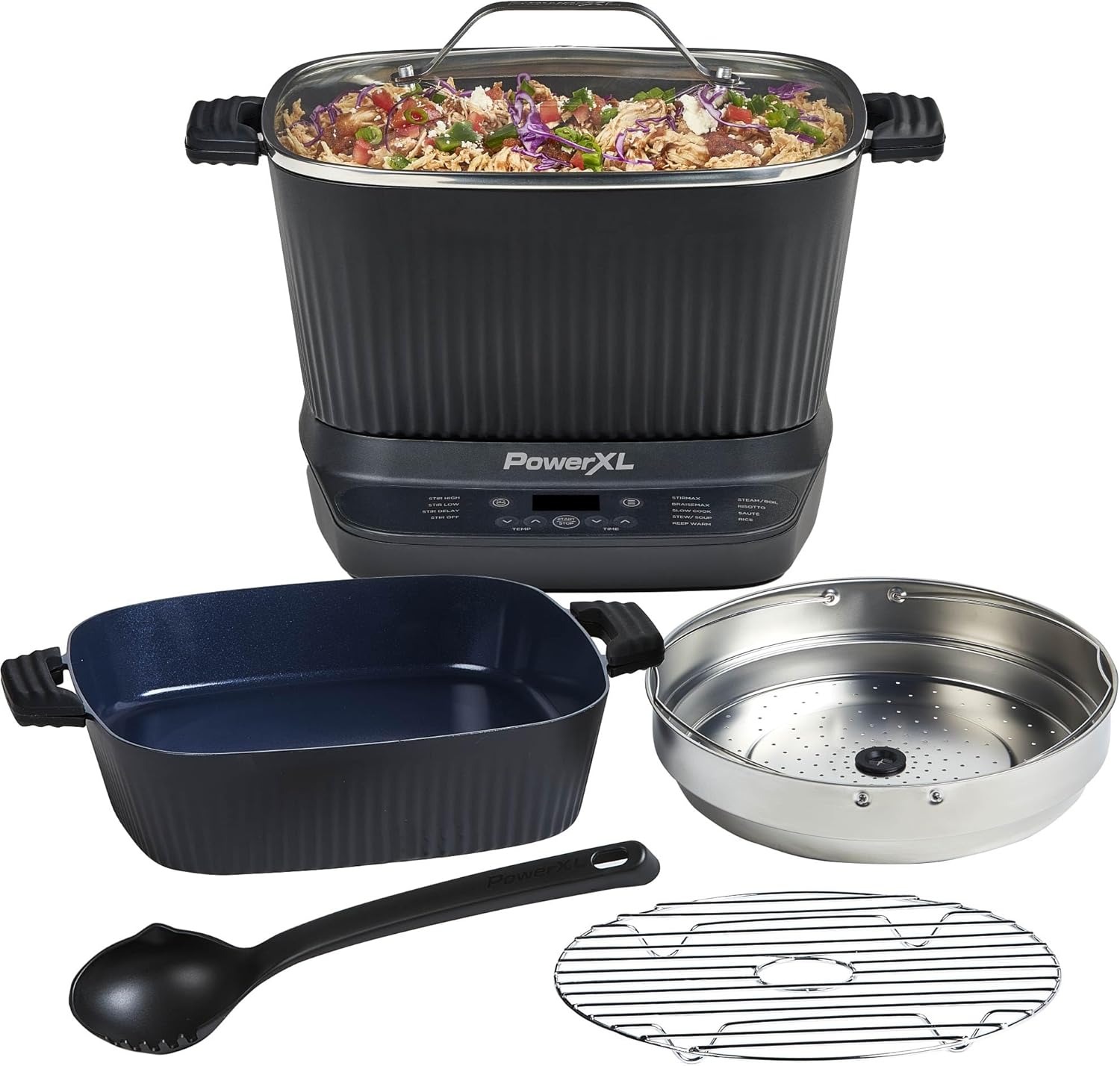 STIRMAX DELUXE 7.5 Quart Digital Multi-Cooker with Automatic Paddle to Stir and Shred. 9 in 1 programmable presets to Sauté. Sear. and Brown Food Before Simmering – Accessories. Skillet. & Cookbook
