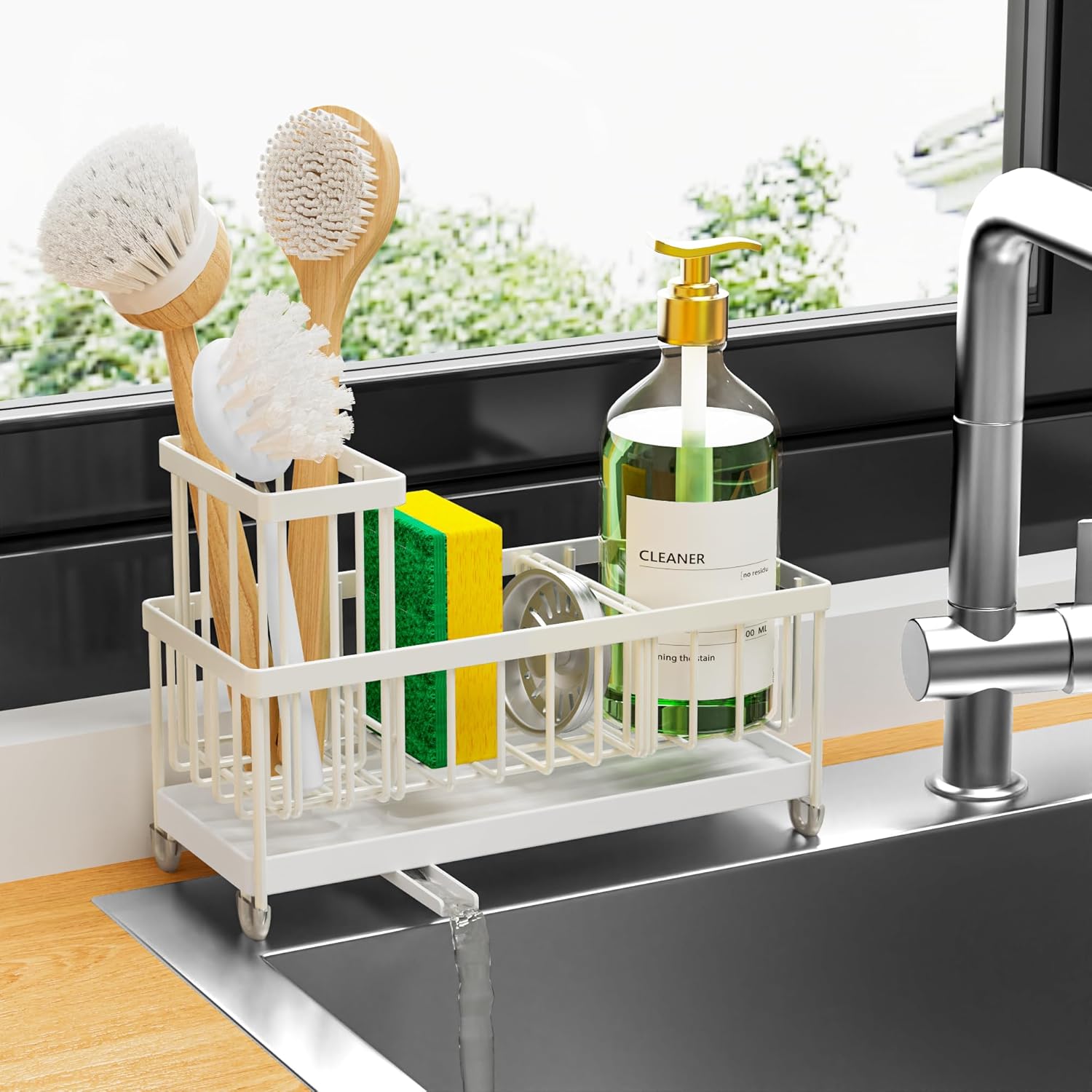 Cisily Black Sponge Holder for Kitchen Sink. Sink Caddy Organizer with High Brush Holder. Kitchen Countertop Organizers and Storage Essentials. Rustproof 304 Stainless Steel. Soap Dispenser Organize