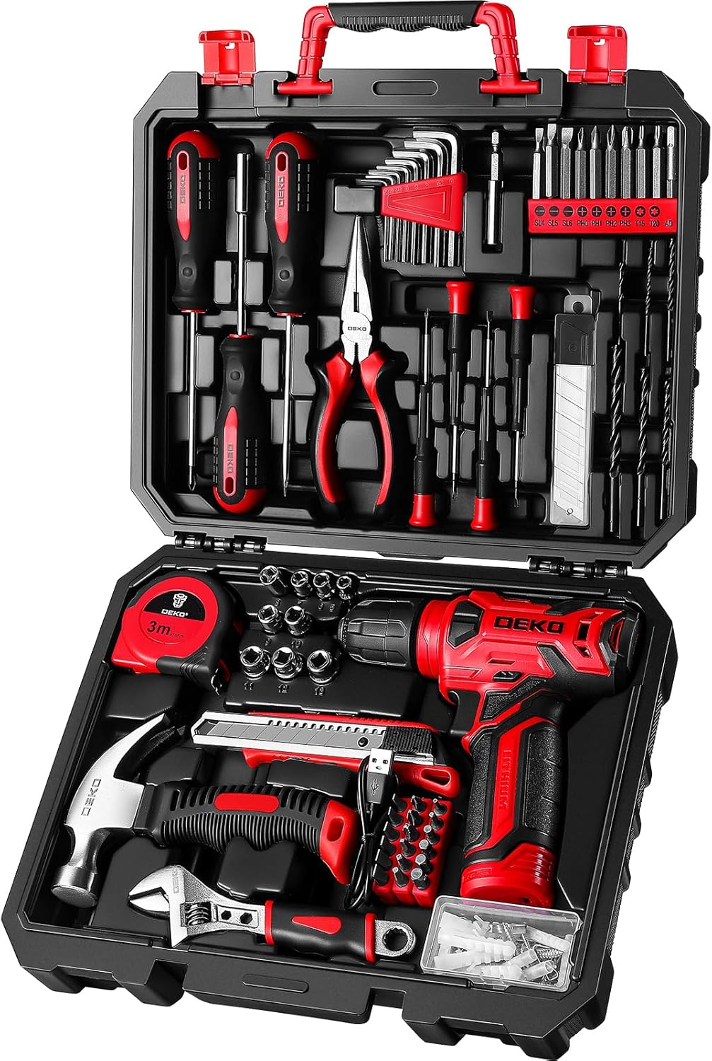 DEKOPRO Drill Set. Home Tool Set with 8V Pink Cordless Drill. Hand Tool Kit for Women. 126 pcs