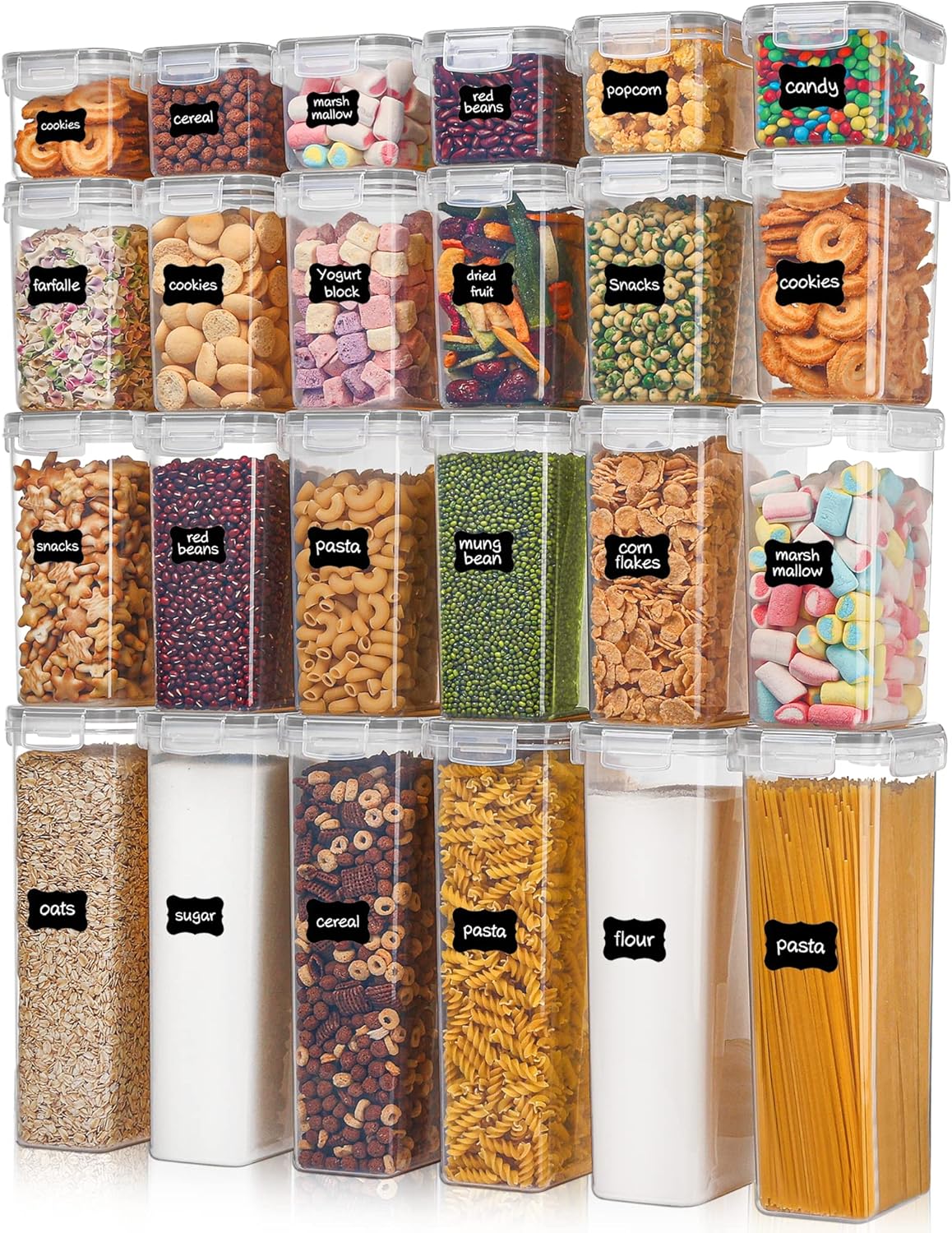 Airtight Food Storage Containers with Lids. Vtopmart 24 pcs Plastic Kitchen and Pantry Organization Canisters for Cereal. Dry Food. Flour and Sugar. BPA Free. Includes 24 Labels .Black
