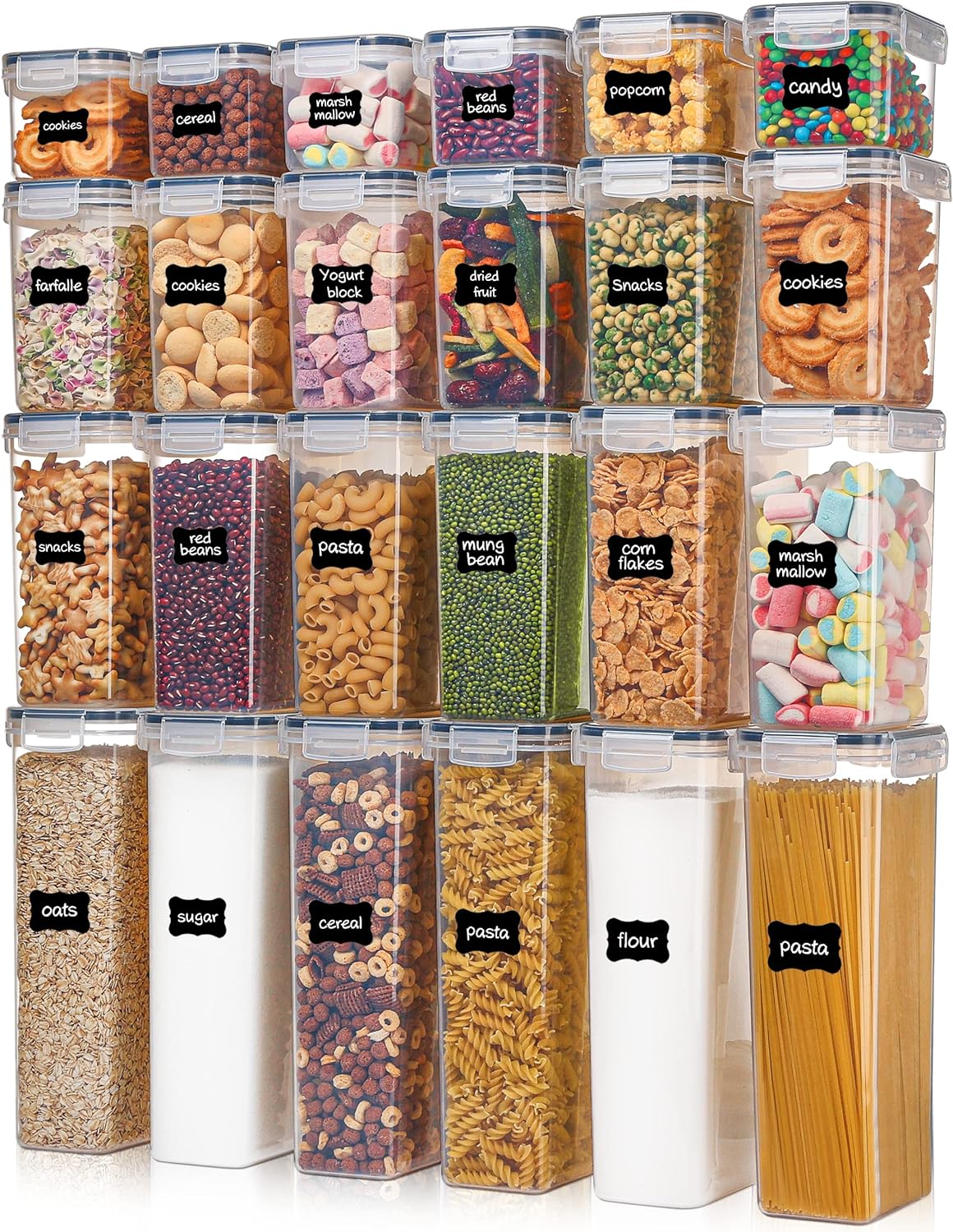 Airtight Food Storage Containers with Lids. Vtopmart 24 pcs Plastic Kitchen and Pantry Organization Canisters for Cereal. Dry Food. Flour and Sugar. BPA Free. Includes 24 Labels .Black